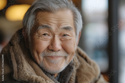 Elderly Man Smiling in Cozy Coffee Shop. Senior Wisdom and Joyful Companionship in Natural Light