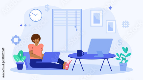 Man working from home on laptop in a blue room. Suitable for remote work, telecommuting, freelancing, home office concepts.