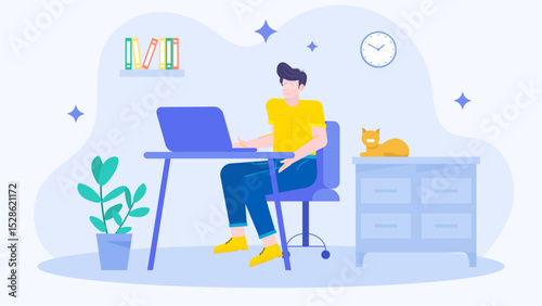 Man working on laptop with cat is perfect for showcasing a cozy home office setup in a modern freelance or pet blog.