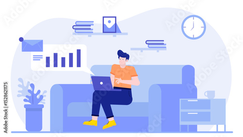 Man working on laptop on couch in a cozy living room setting. Suitable for home office or remote work concept.