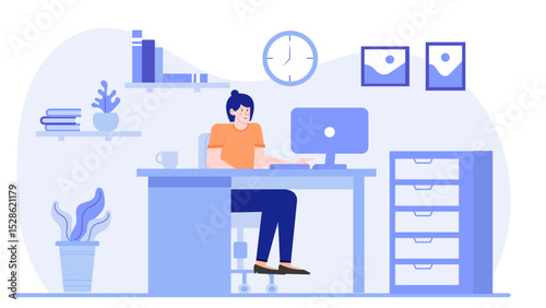 Busy office worker at desk with computer and file cabinet. Perfect for business, office, productivity, working from home concepts.