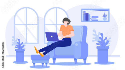Woman uses a laptop on a couch, portraying working from home, online studying, or browsing the internet concept. Suitable for digital marketing.
