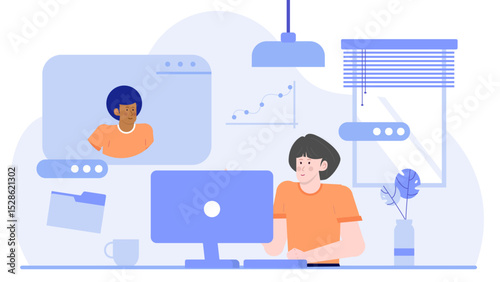 Woman in video call on computer, suitable for remote work, online meetings, WFH concept, telecommuting, virtual collaboration, digital nomad.