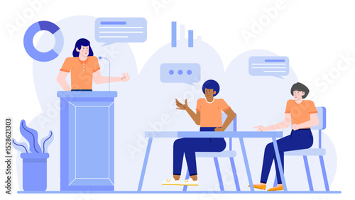 Three business professionals collaborating, discussing ideas, and strategizing during a meeting; suitable for corporate presentations, websites, and advertisements.