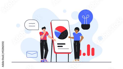 Two individuals discussing a pie chart, suitable for business presentations, data analysis articles, financial reports, and marketing materials.