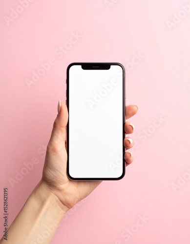 Hand Holding Smartphone Mockup with Blank Screen on pink Background