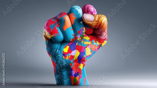 An abstract experimental image of a hand covered in a vibrant playful array of colorful paints expressions and textures photo