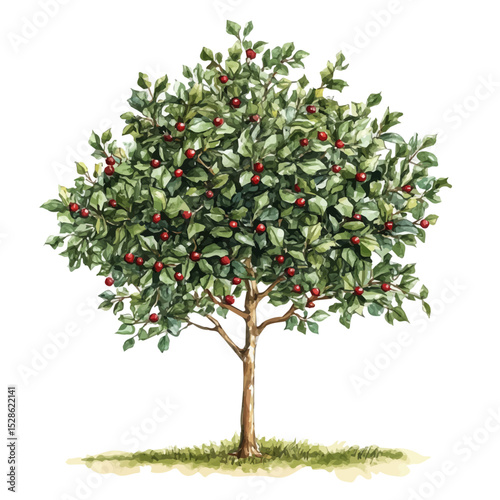 watercolor vector of A American Holly Tree, high quality, isolated on a white background.
