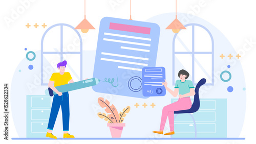 Two people signing a document in an office. Suitable for business contracts, partnership agreements, legal documents, corporate deals illustrations.