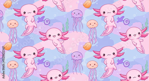 Axolotl Underwater Friends Wallpaper Background