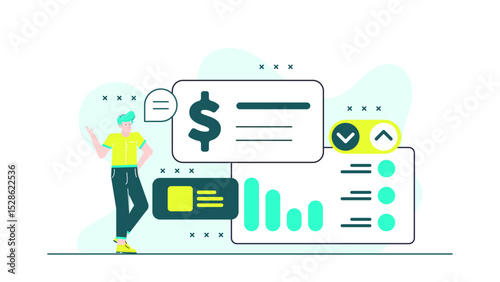Man next to a chart and dollar sign, suitable for financial presentations, investment articles, business reports, economic blogs, banking concepts.