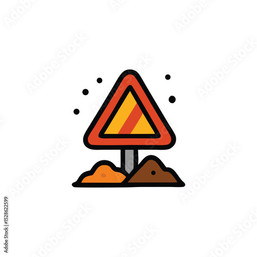 Roadwork warning sign with piles of dirt and sand.
