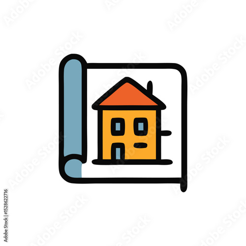 A rolled-up blueprint displaying a colorful illustration of a house.
