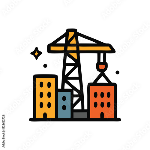 Illustration of a construction site with a crane lifting a building module, next to other buildings and a sparkling star.