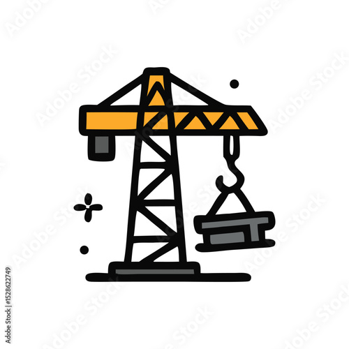 A simple, outlined illustration of a construction crane lifting a metal beam.
