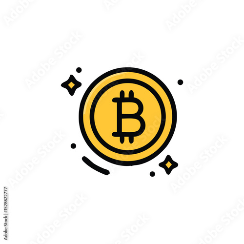 A golden Bitcoin coin icon with sparkling stars around it.