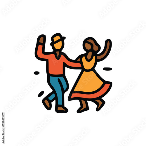 A couple is dancing together, the man in a hat and the woman in a dress, enjoying a lively moment.