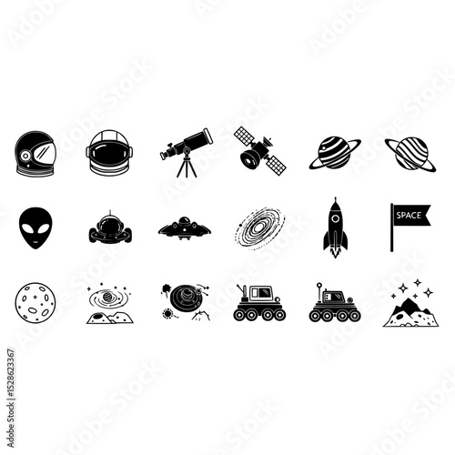Space exploration icons set featuring astronaut helmet, ufo, planets, telescope and space rover vector