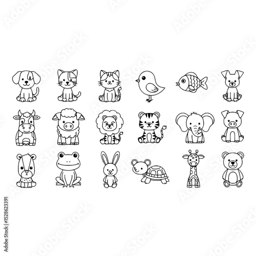 Cute animal drawings collection featuring dog cat bird fish cow sheep lion tiger elephant and more animals