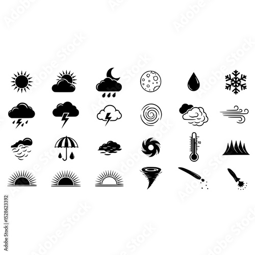 Weather forecast icons set sun cloud rain snow storm wind moon sunrise thermometer hurricane tornado icons