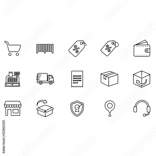 E commerce online shopping retail store sale discount delivery shipping and payment outline icon set design