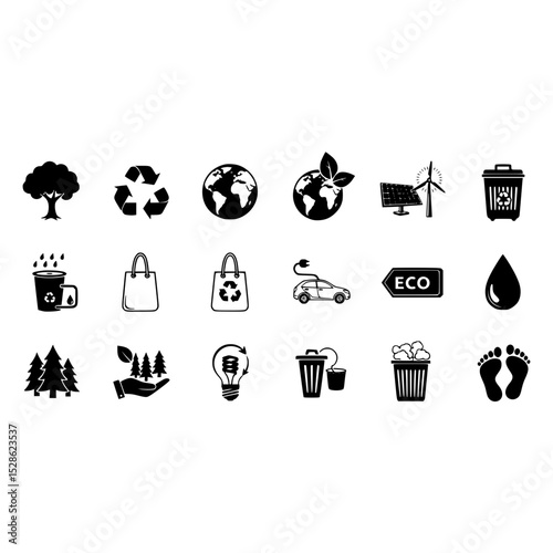 Eco friendly environment recycle energy renewable earth nature sustainability conservation resources icon set