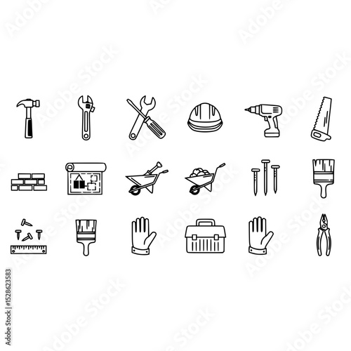Construction tools icons set hammer wrench screwdriver helmet drill saw brick blueprint wheelbarrow nails