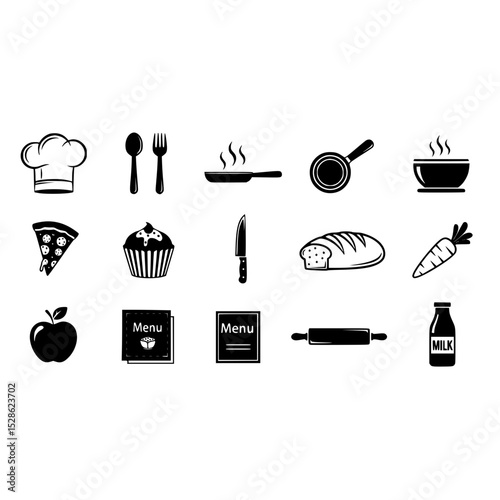 Culinary menu food cooking chef kitchen restaurant recipe pizza bread milk apple carrot cupcake spoon fork