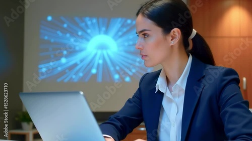 Professional woman working intently on a laptop in a modern office with a digital background display
