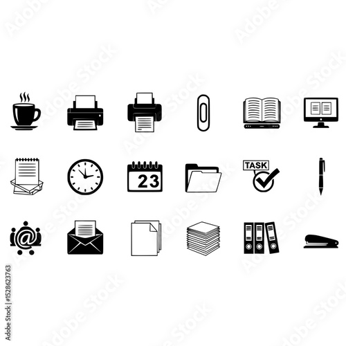 Office supplies stationery equipment vector icon set including printer calendar and coffee cup vector