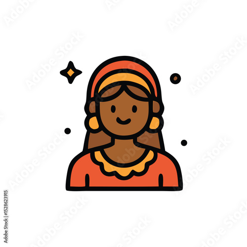 Smiling woman in traditional attire, outlined icon.
