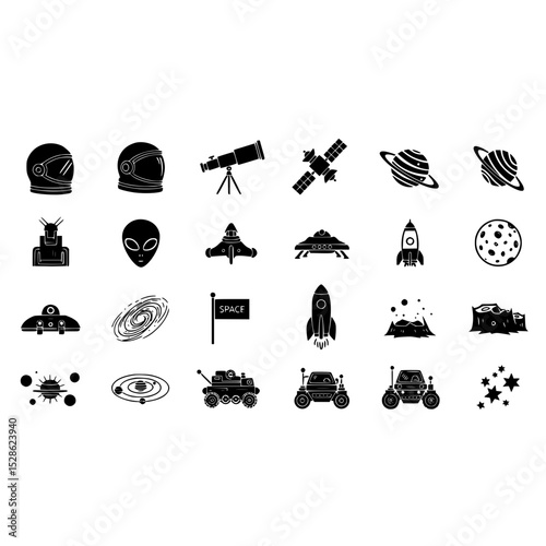 Space exploration icons set with astronaut helmet, rocket, alien, telescope, satellite, planet, rover, moon