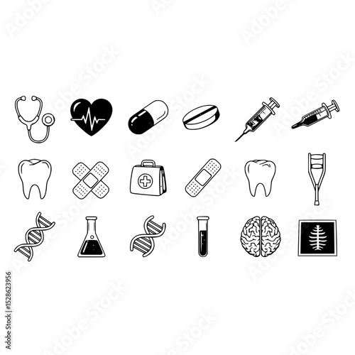Medical healthcare medicine science equipment tools vector icons set stethoscope heart dna brain x ray tooth