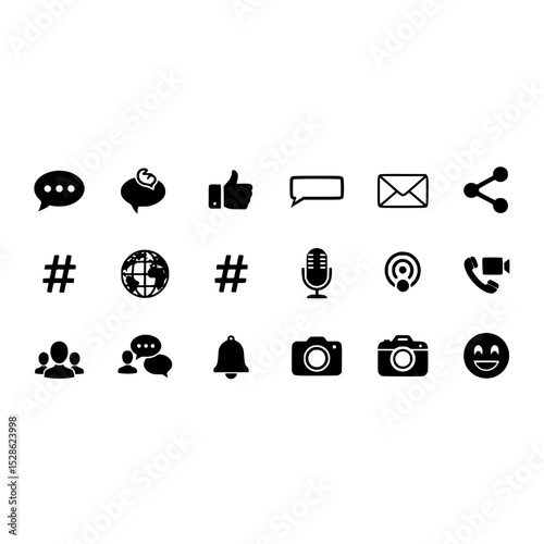 Social media communication network connection like share comment camera microphone icon symbols vector set