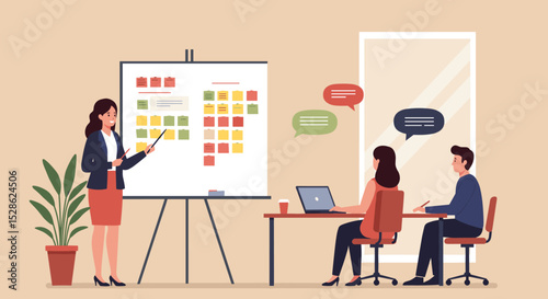 Business Workshop Concept. Vector cartoon illustration of a group of diverse people sitting at a table with a woman standing in front of them next to a board with stickers. Isolated on background