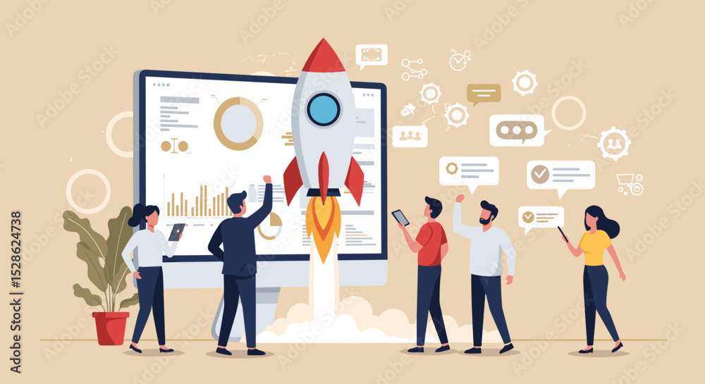 Business Startup Concept. Vector cartoon illustration of rocket launch against background of monitor with graphs and a group of watching people. Isolated on background. Business Startup Concept. Vector cartoon illustration of rocket launch against background of monitor with graphs and a group of watching people. Isolated on background.