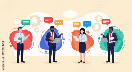 Business Discussion Concept. Vector illustration in flat style of a group of people communicating to each other in speech bubbles. Isolated on background.
