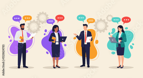 Business Discussion Concept. Vector illustration in flat style of a group of people communicating to each other in speech bubbles. Isolated on background.