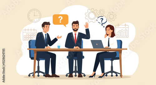 Business Job Interview concept. Vector cartoon illustration of two people sitting at a table with a laptop and asking a young man in a suit questions. Isolated on background 