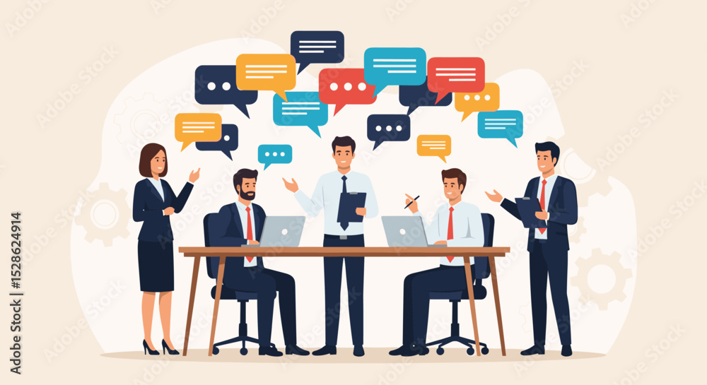 Business Team Brainstorming Concept. Vector illustration in flat style of a group of diverse people at a desk having a discussion with speech bubbles over their heads. Isolated on background Business Team Brainstorming Concept. Vector illustration in flat style of a group of diverse people at a desk having a discussion with speech bubbles over their heads. Isolated on background