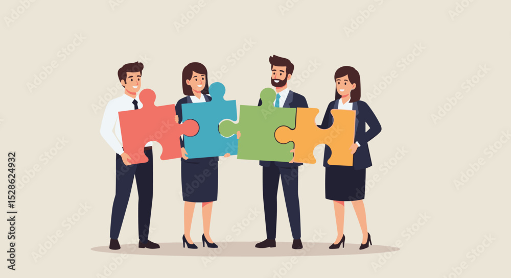 Obraz premium Business Teamwork Concept. Vector illustration in a flat style of diverse smiling people standing at full height with puzzle pieces in their hands. Isolated on background.