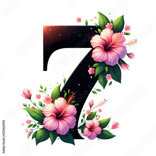 Pink flower with number 7 illustration, Generative AI