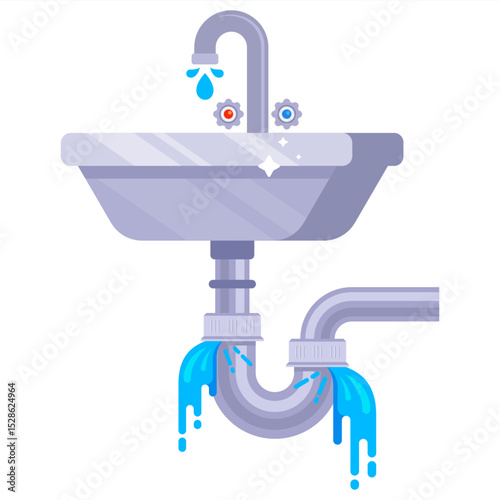 Water leak from broken sink pipe in bathroom in flat design. Toilet water leak accident.