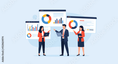 Business Teamwork Concept. Vector illustration in a flat style of two people discussing a project with an analytics dashboards. Isolated on background.