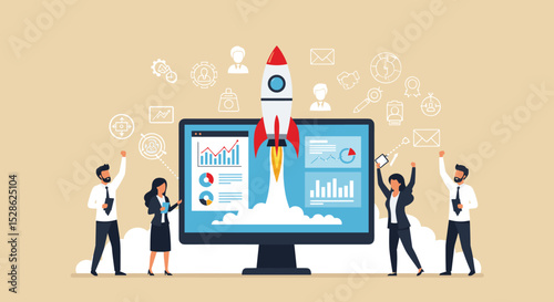 Business Startup Concept. Vector cartoon illustration of rocket launch against background of monitor with graphs and a group of watching people. Isolated on background. 