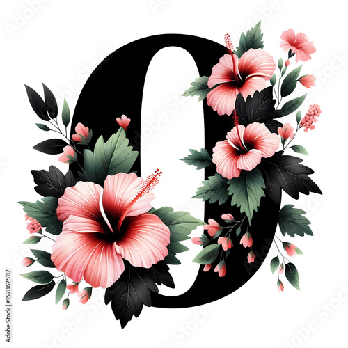 Floral Number Zero with summer flower and green leaves on a transparent background. Generative AI