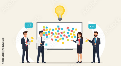 Business Workshop Concept. Vector cartoon illustration of a group of diverse people sitting at a table with a woman standing in front of them next to a board with stickers. Isolated on background