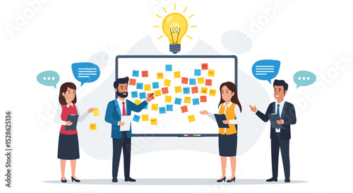 Business Workshop Concept. Vector cartoon illustration of a group of diverse people sitting at a table with a woman standing in front of them next to a board with stickers. Isolated on background