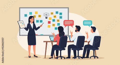 Business Workshop Concept. Vector cartoon illustration of a group of diverse people sitting at a table with a woman standing in front of them next to a board with stickers. Isolated on background