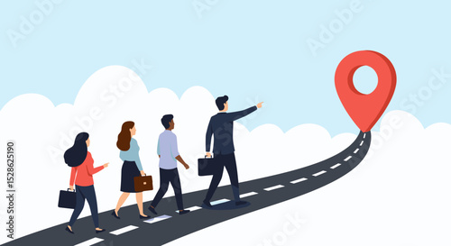 Business Way Concept. Vector cartoon illustration of a group of people in business suits standing at the start of a path with a leader at the head pointing to the final location pin. 
